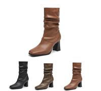 Short Boots With Block Heel 2025 Square Toe Women Chelsea Ankle Boots 8cm High Heels For Party Elegant Booties With Side Zipper PU Leather Ankle Shoes(Brown,4.5 UK)