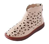 Short Boots Women's Summer Leather Hollow Ankle Boots Back Zip Summer Boots Short Boots Women's Boots Casual Round Toe Retro Boots Comfortable Breathable Ankle Boots Flat Shoes, khaki, 7 UK