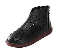Short Boots Women's Summer Leather Hollow Ankle Boots Back Zip Summer Boots Short Boots Women's Boots Casual Round Toe Retro Boots Comfortable Breathable Ankle Boots Flat Shoes, black, 9 UK