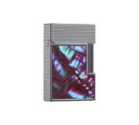 Short brass butane lighter, handmade, inlaid with colorful shells, classic flip cover, side sliding ignition, suitable for collection/business/gift(Silver3)