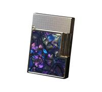 Short brass butane lighter, handmade, inlaid with colorful shells, classic flip cover, side sliding ignition, suitable for collection/business/gift(Silver5)