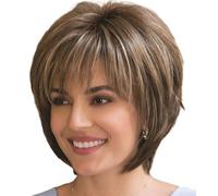 Short Brown Mixed Blonde for Women Ladies Cut with Bangs Natural Straight Synthetic Layered for Costume Daily Fancy Dress Accessories Halloween