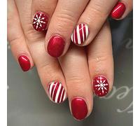 Short Christmas Nails, 24pcs Square Christmas False Nails, Cute Stick On Nails With Red Striped Snowflake Design, Press On Nails Glue On Nails For DIY Nail Art Christmas Party