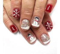 Short Christmas Press-On False Nails, 24-Piece Square Winter Nail Art Set | Deep red, white and silver glitter finishes, snowflake and snowman motifs, for at-home manicures and seasonal parties