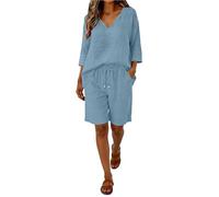 Short Co Ord Sets for Women UK Plus Size Two Piece Holiday Travel Outfits Summer 3/4 Sleeve V-Neck Cotton Linen Shirts Drawstring Beach Shorts Loungewear Set