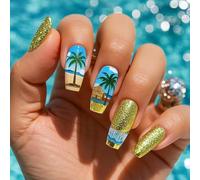 Short Coffin Fake French Full Covers Acrylic False Coconuts Tree Designs Fake for Women on Coffin Almond French Tip on