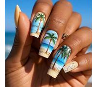 Short Coffin Fake French Full Covers Acrylic False Coconuts Tree Designs for Women Stick on