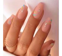 Short Coffin Press-On Fake Nails Rainbow Linies Nail Art Decoration Matte Pink Manciure for Women and Girls 24pcs