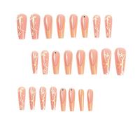 Short Coffin Press on Nails Full Cover Orange French Wear Orange Yellow Flower Rhinestones Wear A Long Nail 0.3ML Press on French Tip Nails