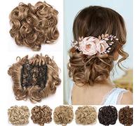 Short Combs Messy Curly Wavy Extensions Bun Piece Up Do Drawstring Ponytail Clip in Comb Extensions Chignon Dark Brown to Light Auburn