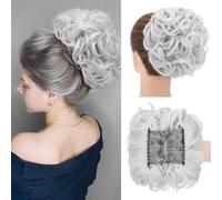 Short Combs Messy Curly Wavy Hair Extensions Bun Piece Up Do Drawstring Ponytail Clip in Comb Hair Extensions Chignon Silver Grey