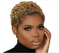 Short Curly Afro Kinky Wig for Black Women, Ombre Blonde with Dark Roots, Short Pixie Cut Synthetic Hair Wigs
