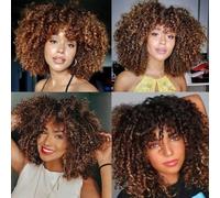 Short Curly Blonde Wig Synthetic Afro Kinky Curly Wig With Bangs For Black Women Natural Ombre Blonde Cosplay Wig-16inch T4-30