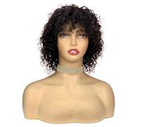 Short Curly Bob Human Hair Wig with Bangs Glueless Wear and Go No Lace Water Wave Wig for Women Brown 10 inch Adds Volume