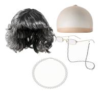 Short Curly Grandma Hairpiece with Cap, Deep Gray Bangs Five-piece Set