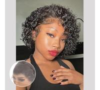 Short Curly Human Hair Wig 13x4 Pixie Cut Human Hair Wig 8 Inch Black Lace Wig Pre Cut Pre Cut