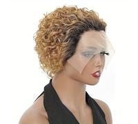 Short Curly Pixie Cut Afro Wigs,6 Inch Short curly Pixie Wig,13x1 lace pixie curly wig human hair,for Black Women Daily Party Cosplay Use.(Gradient gold)