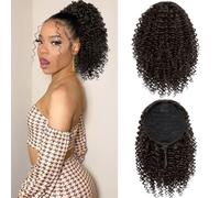 Short Curly Ponytail for Black Women, Curly Ponytail with Medium Brown Lace 10 Inch with Two Clips, Synthetic Ponytail with Afro Cord for