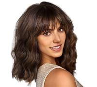 Short Curly Wig with Bangs 14 Inch Natural Looking Adjustable Short Brown Wig, High Temperature Fiber Wave Hair for Daily Use, Cosplay, Theme Parties, Dating, Brown