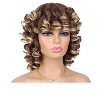 Short Curly Wig with Bangs for Black Women Soft Big Curly Heat Resistant Natural Looking Synthetic Wigs(Brown with blonde)