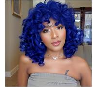 Short Curly Wigs for Black Women, Large Curly Soft Wig with Bangs, Beautiful Curly Synthetic Wig for Daily Use, Cosplay Party, African American (Blue)