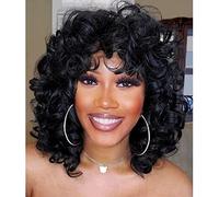 Short Curly Wigs for Black Women Soft Black Big Curly Wig with Bangs Afro Kinky Curls Heat Resistant Natural Looking Synthetic Wig