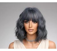 Short Curly Wigs for Women,Shoulder Length Synthetic Hair Wigs, Wavy Wig with Fringe Natural Looking,for Daily Cosplay Party Costume (Blue)