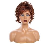 Short Curly Wigs for Women Synthetic Layered Pixie Cut Wig with Bangs Natural Looking Adds Volume(Reddish brown)