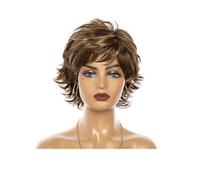 Short Curly Wigs for Women Synthetic Layered Pixie Cut Wig with Bangs Natural Looking(Brown with highlight)