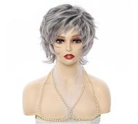 Short Curly Wigs for Women Synthetic Layered Pixie Cut Wig with Bangs Natural Looking(Silver gray)
