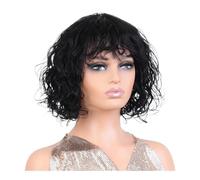 Short Curly Wigs With Bangs, Brazilian Remy Human Hair Wear and Go Wig Pixie Cut Machine Made Glueless Water Wave Hair for Black Women Adds Volume(Natural black)