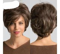 Short Cut Dark Brown Synthetic Wigs Natural Straight Layered Wig with Fluffy Bangs for Women Daily Heat Resistant Hair-SS109-1