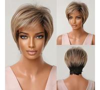 Short Cut Dark Brown Synthetic Wigs Natural Straight Layered Wig with Fluffy Bangs for Women Daily Heat Resistant Hair-LC2020-11