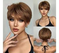 Short Cut Dark Brown Synthetic Wigs Natural Straight Layered Wig with Fluffy Bangs for Women Daily Heat Resistant Hair-SS197-1
