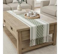 Short Dining Table Runner Coffee Table Runner with Boho Tassels 14 x 48 Inches, Olive Green & Off White Cotton Woven Washable Dresser Runner and Topper for Bedroom, Farmhouse Table Decorations