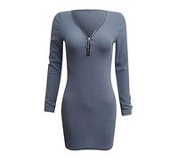 Short Dresses for Teens Women Casual Warm Dress Solid Knit Dress Zipper V-neck Sweater Dress Long Sleeve Mini Slim Sexy Pullover Dresses Cute Casual Dresses for Women Blue