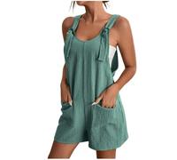 Short Dungarees for Women UK - Loose Sleeveless Short Jumpsuits Cotton Linen Playsuits Adjustable Strappy Short Overalls Jumpsuit One Piece Rompers Going Out Playsuit with Front Pockets
