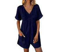 Short Dungarees for Women UK Short Jumpsuit Women's Summer Beach Romper Casual Overall with Pockets Womens V Neck Solid Playsuits Dungarees Boho All in One Onesie Navy,L