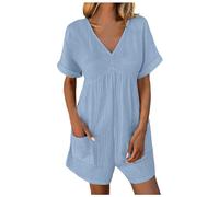 Short Dungarees for Women UK Shorts Jumpsuit Women's Summer Beach Rompers Casual Overalls with Pockets Womens V Neck Wide Leg Playsuit Dungarees Boho All in One Onesies Blue,XL