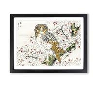 Short Eared Owl & Cherry Flower By Numata Kashu Asian Japanese Framed Print | A3 Black Framed Wall Art | Ready to Hang | Asian Floral Picture | Living Room Bedroom Lounge Office
