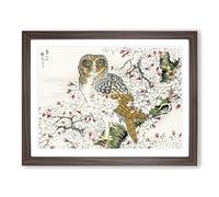 Short Eared Owl & Cherry Flower By Numata Kashu Asian Japanese Framed Print | A3 Walnut Framed Wall Art | Ready to Hang | Asian Floral Picture | Living Room Bedroom Lounge Office