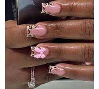 Short False Nails - 24pcs Square French Tip False Nails - Nude Pink Glue on Nails In 12 Sizes - Full Cover Glossy Elegant Fake Nails for Women Girls(Bow Pink)