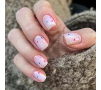 Short False Nails - 24pcs Square Pink Press on Nails - Stick on Nails with Wave Point Designs - Full Cover 12 Sizes Cute Fake Nail with Glue for Women Girls