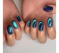 Short False Nails, Cat Eye Glitter Press on Nails, Nails Handmade Press-On Medium Long Coffin Ballerina with Flesh Color Cat Eye Design Charm Cute False Nail Tips 24 Pcs (Blue)