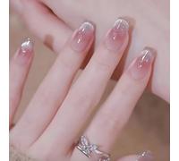 Short False Nails, Cat Eye Glitter Press on Nails, Nails Handmade Press-On Medium Long Coffin Ballerina with Flesh Color Cat Eye Design Charm Cute False Nail Tips 24 Pcs (MY095)