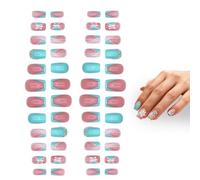 Short False Nails - ShiningUU 48Pcs French Tip Square Stick on Nails with Blue Pink & White Flower Designs | Removable Glue on Acrylic Full Cover Fake Nail Art for Women & Girls
