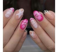 Short False Nails with Metallic Star Floral Accents Glossy Animal Print French Tips 24Pcs Nails Art Star Floral Pearls False Nails Short Oval