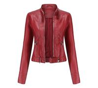 Short Faux Leather Jacket Black Womens PU Leather Stylish Faux Jacket With Rivets Zip Up Motorcycle Short PU Moto Biker Outwear Fitted Slim Coat Ladies Windproof Stand Collar Coats Red XXL