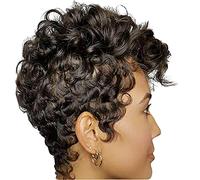 Short Finger Wave Pixie Cut Wavy Human Hair Wigs Water Wave Momy Wigs Natural Black Color for Black Women Brazilian Virgin Human Hair Curly Short Bob Wig