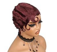 Short Finger Wave Wig Human Hair Wigs for Women Brown Short Ocean Wave Wig Cut Wigs for Woman Natural Look(Burgundy)